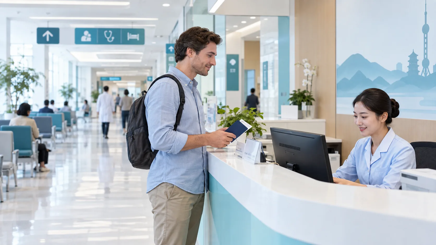 International patient presenting a passport at a hospital reception desk in China
