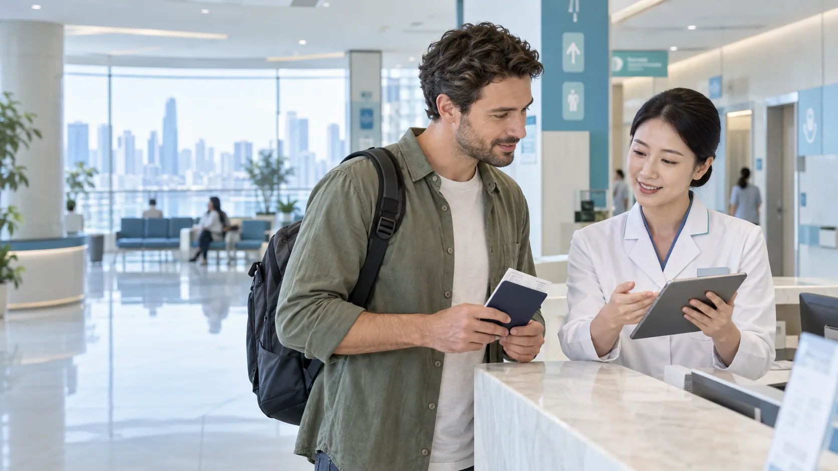 International traveler discussing a health checkup with a hospital coordinator in China