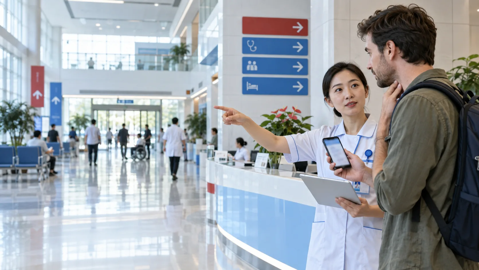 International traveler speaking with a hospital reception coordinator in China